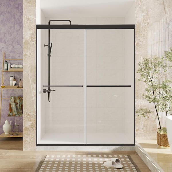 ANGELES HOME 44 in. - 48 in. W x 70 in. H Bypass Double Sliding Framed Shower Door SGCC 1/4 in. Clear Tempered Glass, Matte Black