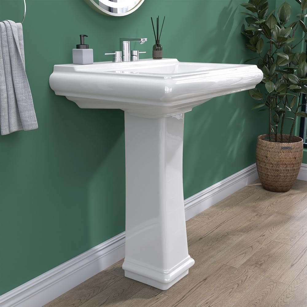 White Rectangular Ceramic Pedestal Sink with Overflow