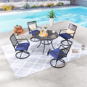 5-Piece Round Metal Outdoor Dining Set with Blue Cushions