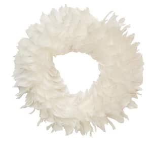 14 in. Artificial White Feather Wreath with Glitter Tips
