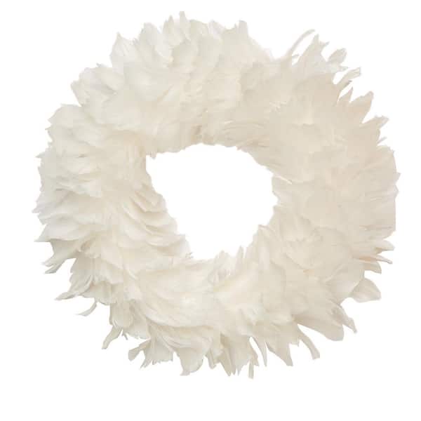 Unbranded 14 in. Artificial White Feather Wreath with Glitter Tips