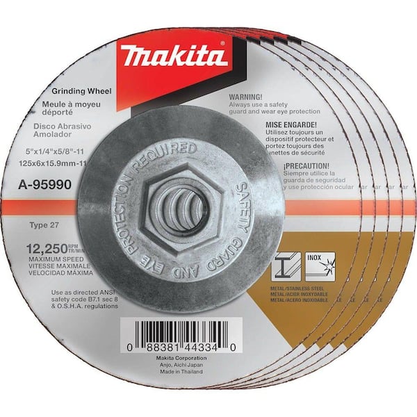 Makita 5 in. x 1/4 in. x 5/8 in. 36-Grit INOX Grinding Wheel (5-Pack)