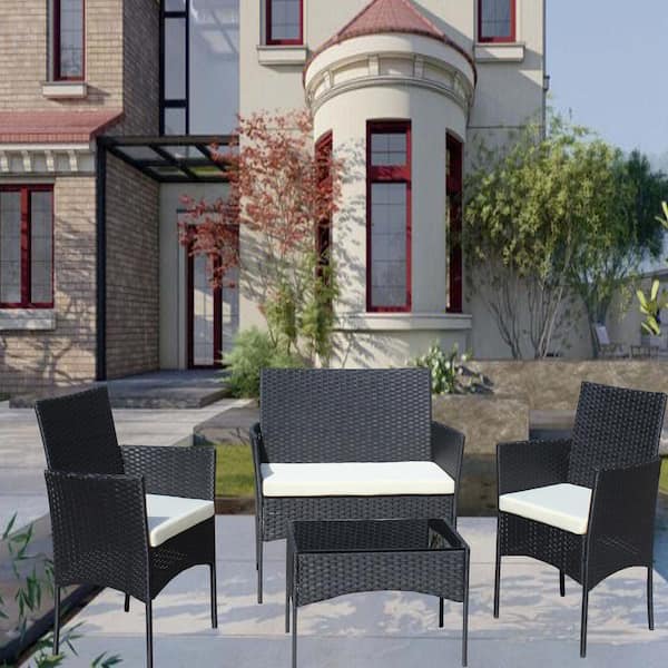 Unbranded 4-Piece Wicker Outdoor Loveseat Set with Beige Cushions and Tempered Glass Top Table for Poolside, Backyard
