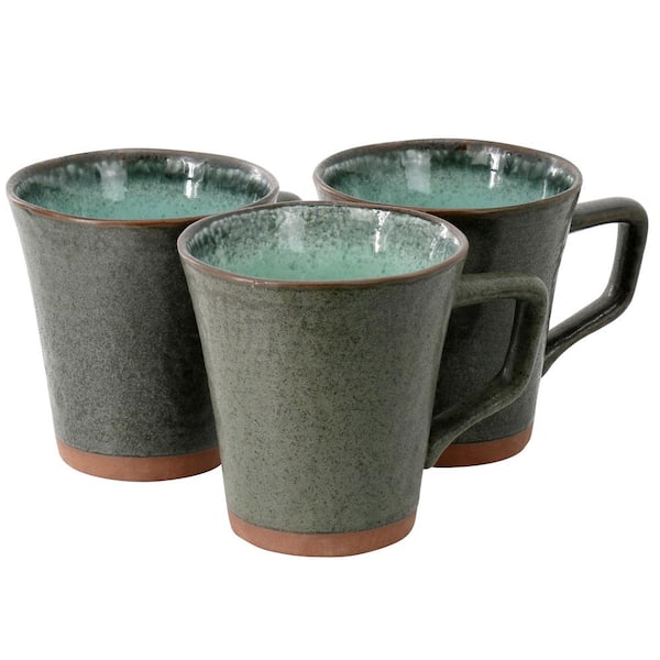Gibson Hometrends 3 Piece Lantern Terracotta Reactive Glaze 14.5 Ounce Beverage Mug Set in Green