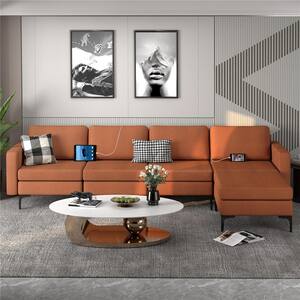 123 in. Width Modular L-Shaped Sectional Sofa with Reversible Chaise and 4 USB Ports Orange