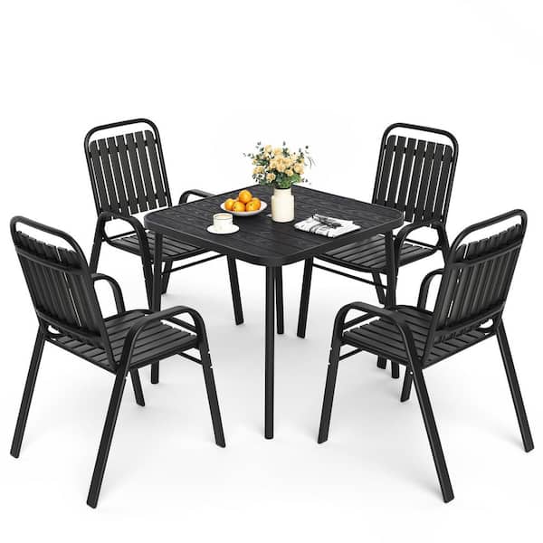 4-Person Patio Dining Set, Stackable Chairs and Square Steel Table with Umbrella Hole
