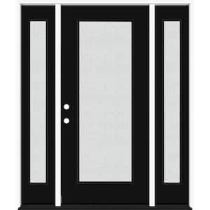 Legacy 64 in. x 80 in. Full Lite Rain Glass RHIS Primed Black Finish Fiberglass Prehung Front Door with Dbl 12 in. SL