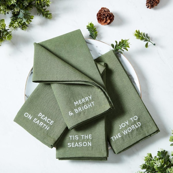 Threadmade Home Joyful Sentiment Embroidered Napkins, Set of 4, Pine - 17"W x 17"L