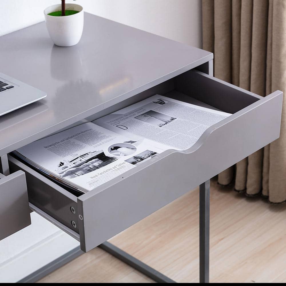 Contemporary Gray Wood Writing Desk with Drawer and Metal Base
