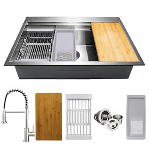 Handmade All-in-One Top mount Stainless Steel 33 in. x 22 in. Single Bowl Kitchen Sink w/ Spring Neck Faucet, Accessory