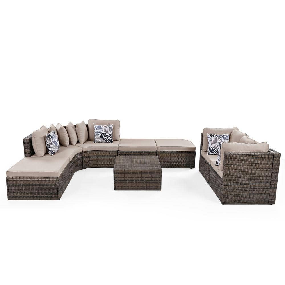 Brown 8-piece Wicker Outdoor Sectional Sofa Set With Colorful Pillows and B