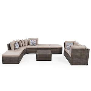 Brown 8-piece Wicker Outdoor Sectional Sofa Set With Colorful Pillows and Beige Cushions For Patio Garden Deck