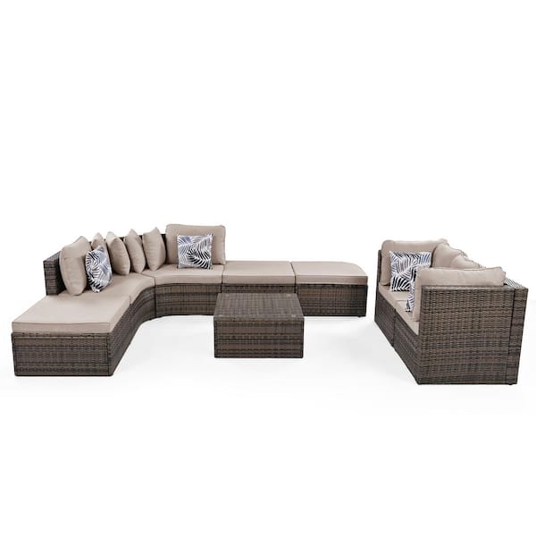 Unbranded Brown 8-piece Wicker Outdoor Sectional Sofa Set With Colorful Pillows and Beige Cushions For Patio Garden Deck