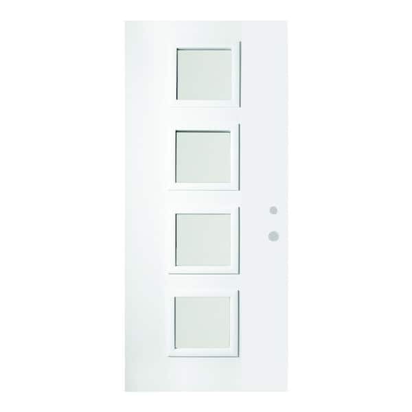 Stanley Doors 32 in. x 80 in. Evelyn Satin Opaque 4 Lite Painted White Left-Hand Inswing Steel Prehung Front Door