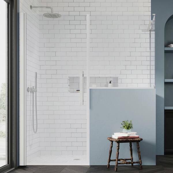 OVE Decors Pasadena 58-9/16 in. W x 72 in. H Rectangular Pivot Frameless Corner Shower Enclosure in SN with Buttress Panels