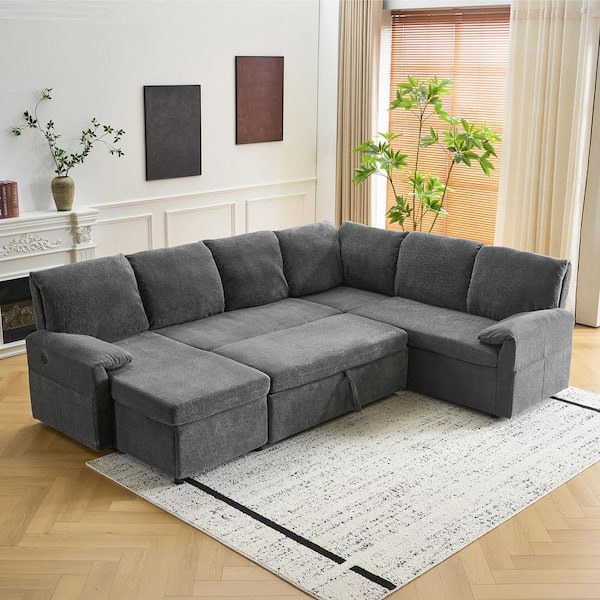 111.4 in. Folding Arm 4-piece Polyester U-Shape with Sofa Bed Sectional Sofa in. Blue-Gray