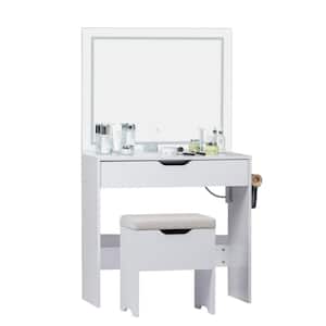 Vanity Set with Stool, 2-Piece White Makeup Vanity Set with Drawer, LED Lighted Mirror and Power Outlet, Storage Stool