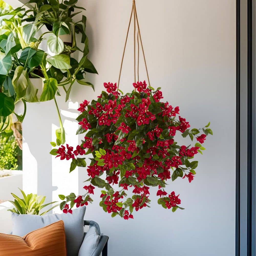 28" Red Bougainvillea Hanging Bush Artificial Plant Set