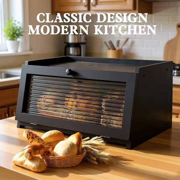 1 Piece Black Bread Box, Large Farmhouse Bread Container with Window, Versatile Storage with Top Space