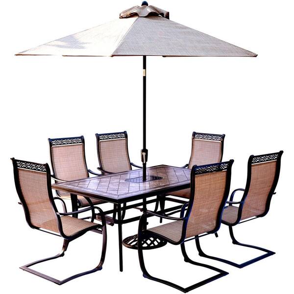 Hanover Monaco 7 Piece Outdoor Dining Set With Rectangular Tile Top Table And Contoured Sling Spring Chairs Umbrella And Base Mondn7pcsp Su The Home Depot