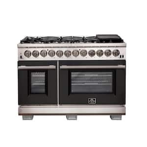 Capriasca 48 in. 6.58 cu ft Double Oven Dual Fuel Range with Gas Stove and Electric Oven in Stainless Steel w/Black Door