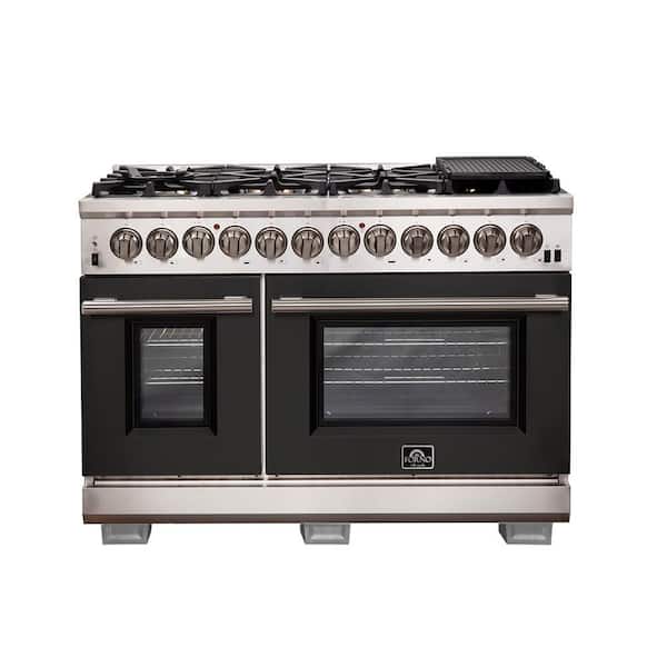 Forno Capriasca 48 in. 6.58 cu ft Double Oven Dual Fuel Range with Gas Stove and Electric Oven in Stainless Steel w/Black Door