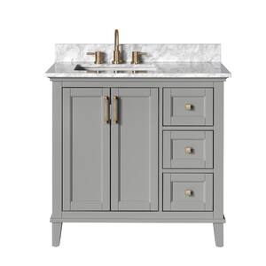 Grayson 37 in. W x 22 in. D x 35 in. H Single Sink Freestanding Bath Vanity in Grey with White Marble Top