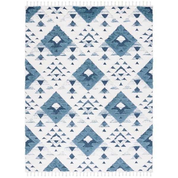 Moroccan Tassel Shag Blue/Ivory 9 ft. x 12 ft. High-Low Geometric Fringe Area Rug