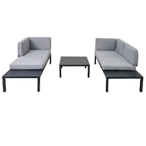 3-Piece Black Aluminum Outdoor Sectional Set Sofa with Gray Cushions