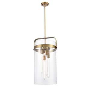 Pilaster 4 Light Brushed Brass Drum Pendant Light with Clear Glass Shade