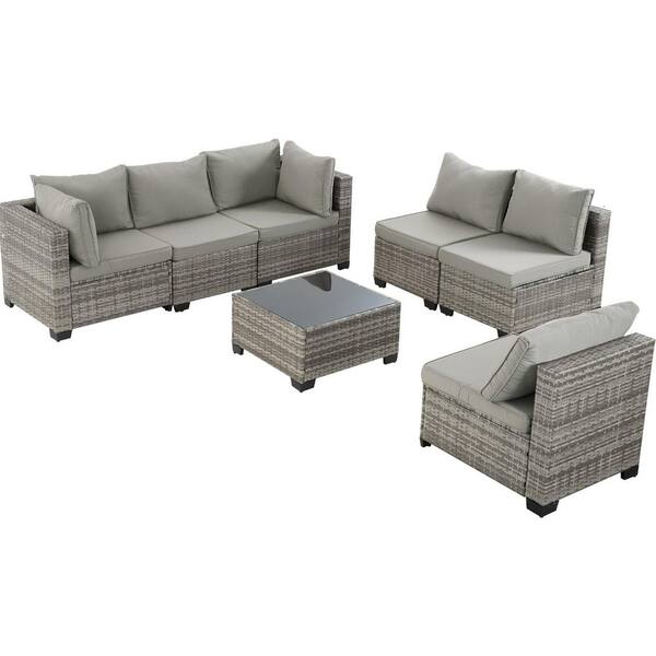 Unbranded 7 Piece PE Wicker Outdoor Conversation Set with Gray Cushion, Patio ectional Sofa Couch with Square Coffee Table
