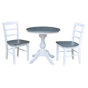 3-Piece Set White / Heather Gray 30 in. Round Solid Wood Dining Table with 2-Side Chairs