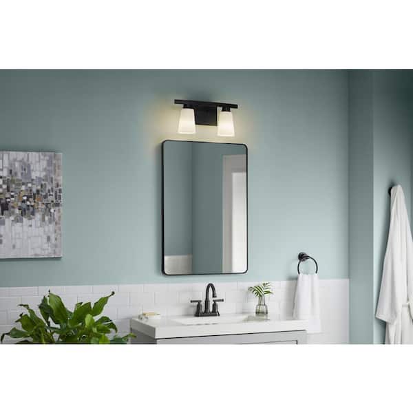 Hampton Bay 18 in. KESTLE 2-Light Black Vanity Light with Night Light Mode, E26 Incandescent or LED Bulb, White Frosted Glass Shade