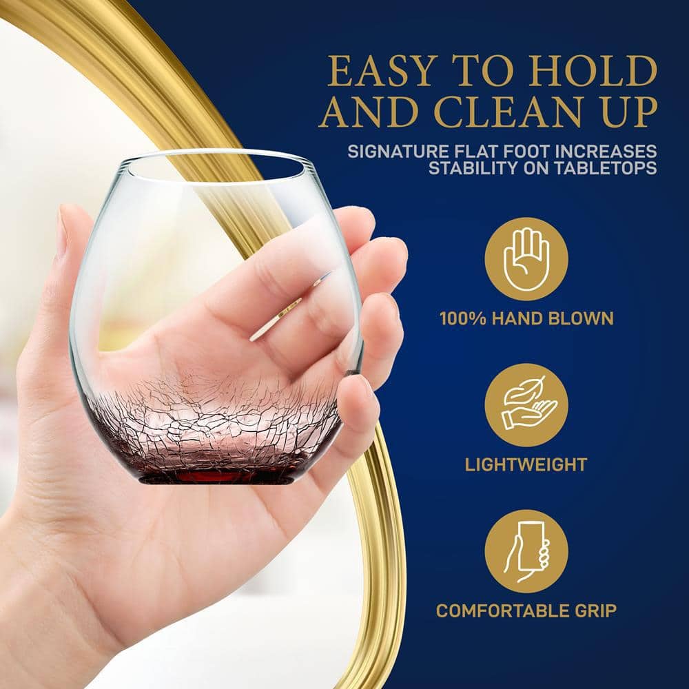 Hand-Blown Crystal Stemless Wine Glasses with Ice Crack Effect, Set of 4