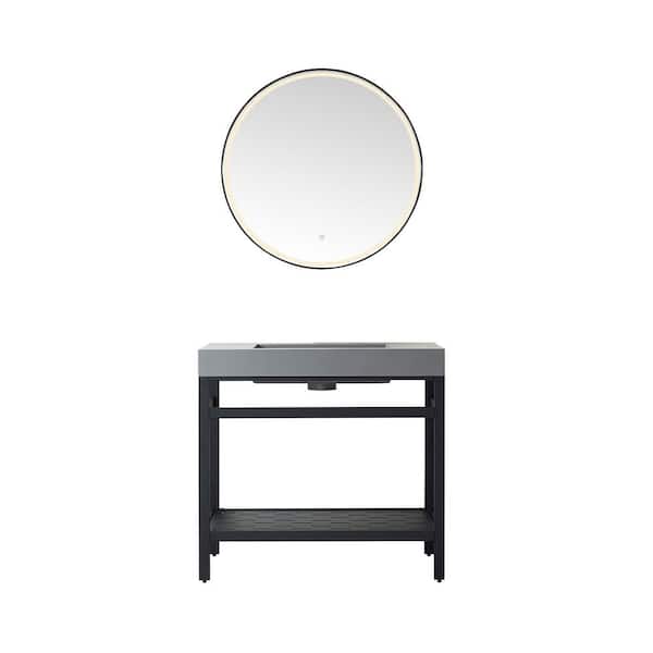 ROSWELL Ablitas 36 in. W x 20 in. D x 34 in. H Single Sink Bath Vanity in Matt Black with Gray Composite Stone Top and Mirror