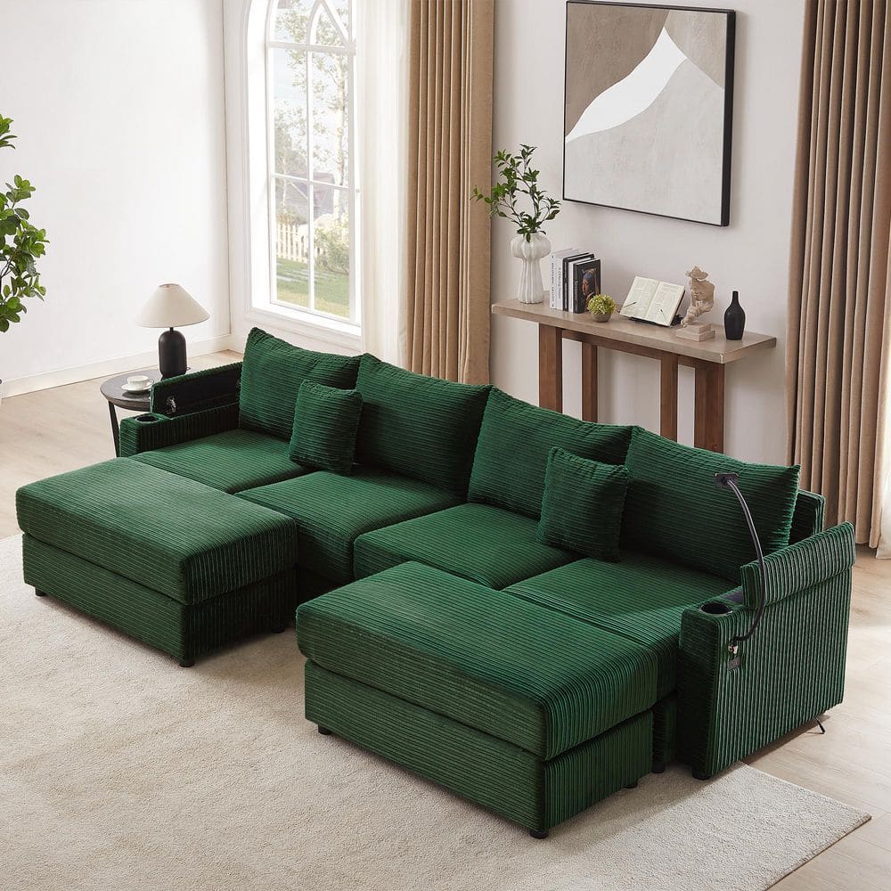 123.2 in. Corduroy Modular Sectional Sofa in Green with 2 Ottomans, 2 USB P