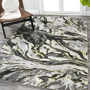 Swirl Marbled Abstract Black/Yellow 8 ft. x 10 ft. Area Rug