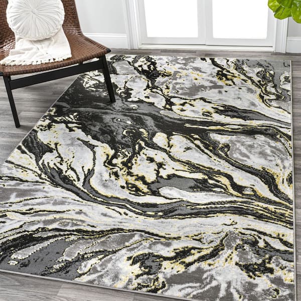 JONATHAN Y Swirl Marbled Abstract Black/Yellow 5 ft. x 8 ft. Area Rug
