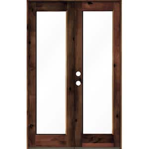 64 in. x 96 in. Rustic Knotty Alder Wood Clear Full-Lite red mahogony Stain Right Active Double Prehung Front Door