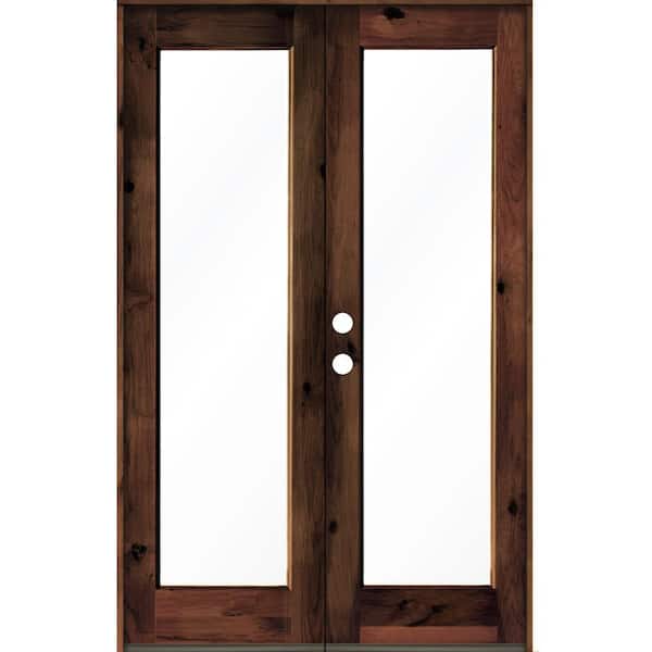 Krosswood Doors 64 in. x 96 in. Rustic Knotty Alder Wood Clear Full-Lite red mahogony Stain Right Active Double Prehung Front Door
