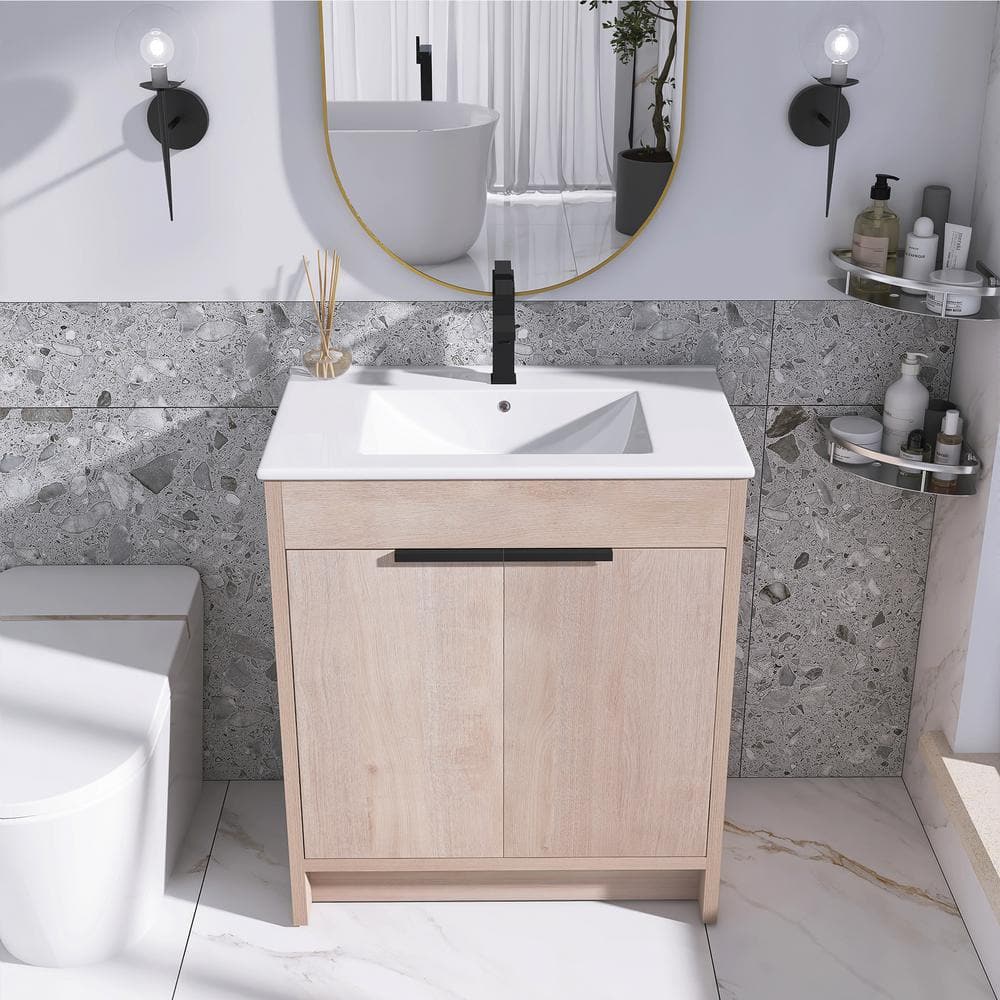 Freestanding Light Oak Plywood Bathroom Vanity with White Ceramic Sink