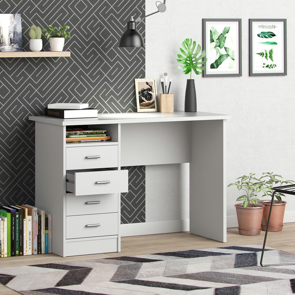 White Adjustable Height Wood Desk with 4 Drawers