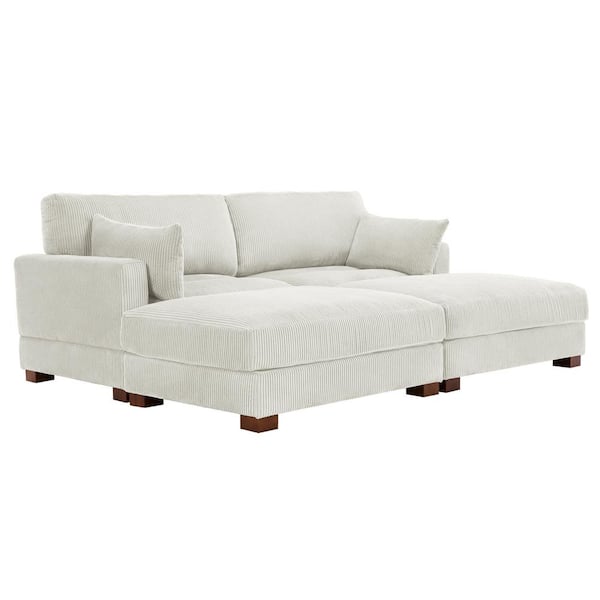 Uixe 88 in. Modern Square Arm Corduroy Fabric Upholstered Sectional Sofa in. Beige With Two Ottomans And Wood Leg