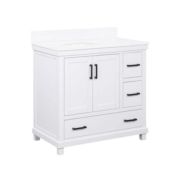 null Rion 36 in. White Bathroom Vanity with White Composite Granite Vanity Top Ceramic Oval Sink and Backsplash