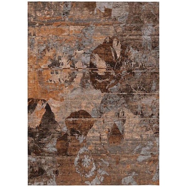 Brown Terracotta and Gray 9 ft. x 12 ft. Woven Floral Rectangle Indoor/Outdoor Area Rug