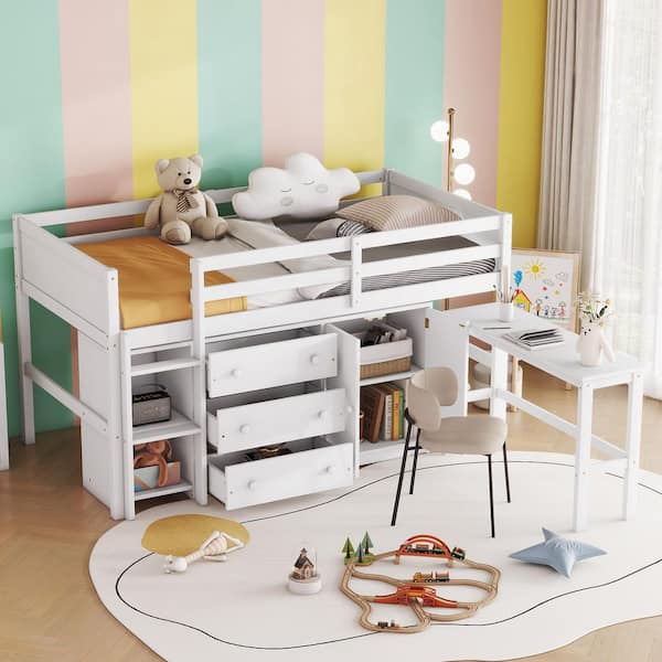 Noble House Aspen White Twin Size Low Loft Bed with Pull-out Desk, Drawers, Cabinet, Shelves, Pine