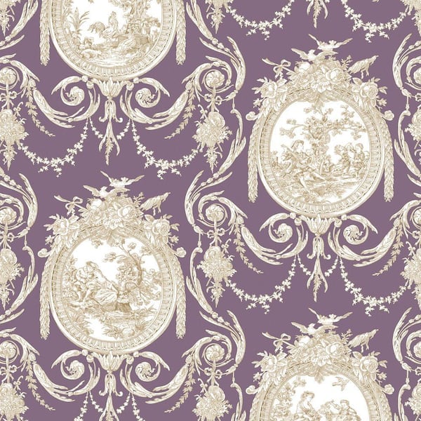 The Wallpaper Company 56 sq. ft. Cameo Toile Purple Wallpaper