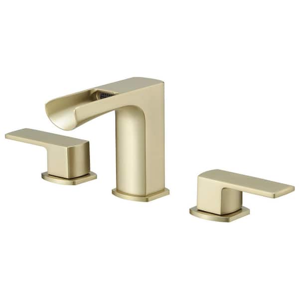 HOMEMYSTIQUE 8 in. Widespread Double Handle Bathroom Faucet with Drain Kit Included in Brushed Gold