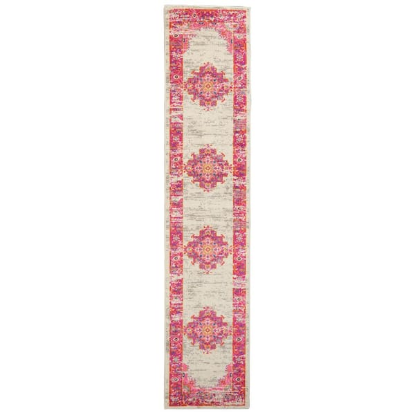 Nourison Passion Ivory/Fuchsia 2 ft. x 10 ft. Bordered Transitional Kitchen Runner Area Rug