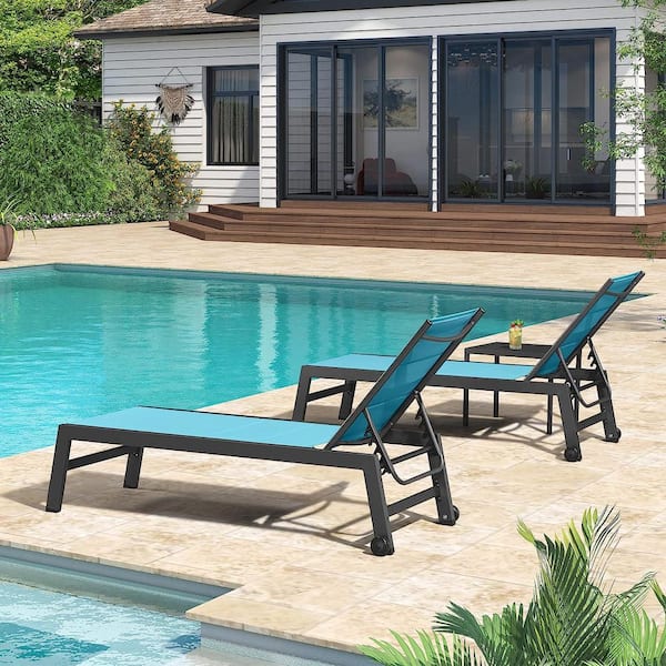 PURPLE LEAF Aluminum Outdoor Patio Metal Chaise Lounge with Wheels and Side Table for Outside Beach Sunbathing (Set of 2)